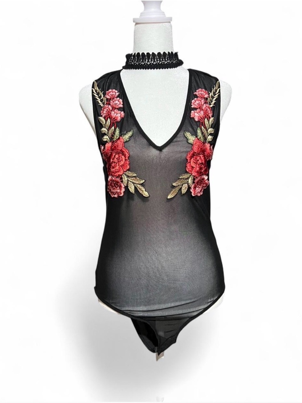 Fashion Nova Black Sheer V-Neck Bodysuit with Red Floral Appliqués